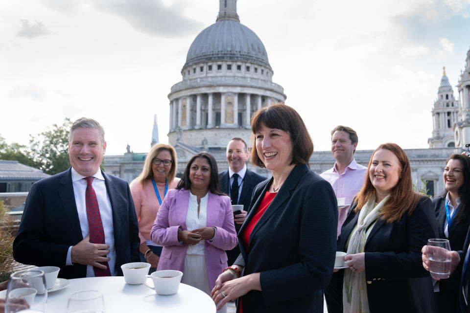 Labour leader Sir Keir Starmer and shadow chancellor Rachel Reeves during a visit to the London Stock Exchange Group, to outline Labour's plans to bring growth and stability back to Britain's economy. Picture date: Friday September 22, 2023. (Photo by Stefan Rousseau/PA Images via Getty Images)