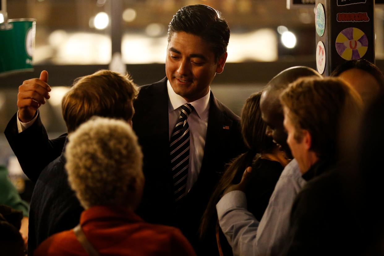 Mayor-elect Aftab Pureval thanks supporters after the race is called during his campaign’s watch party at Lucius Q in the Pendleton neighborhood of Cincinnati on Tuesday, Nov. 2, 2021.