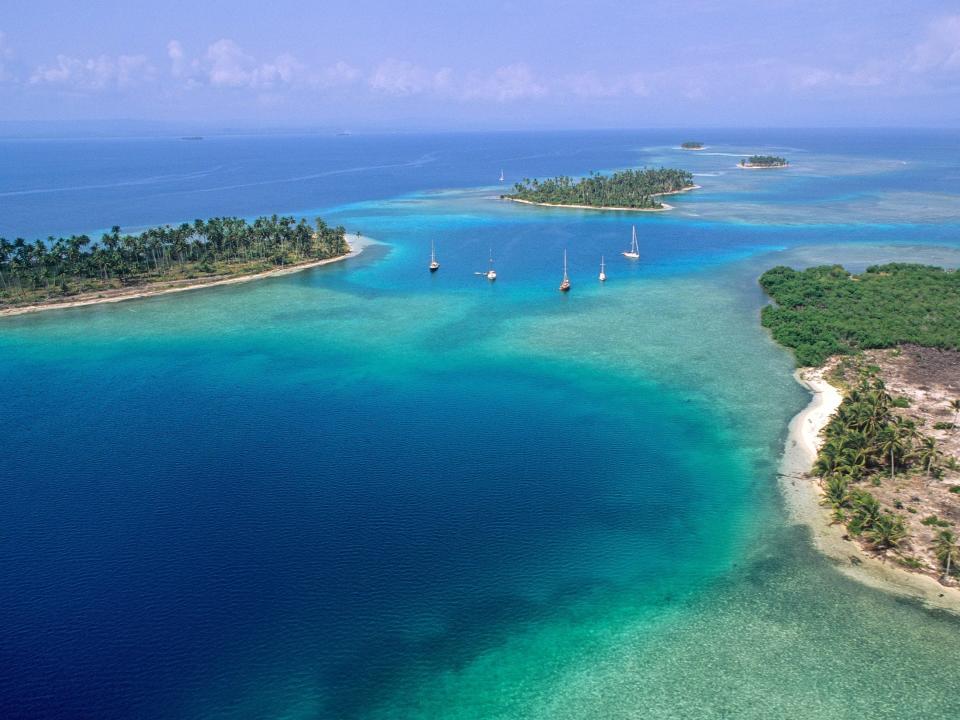 An aerial view of islands in the San Blas Islands.