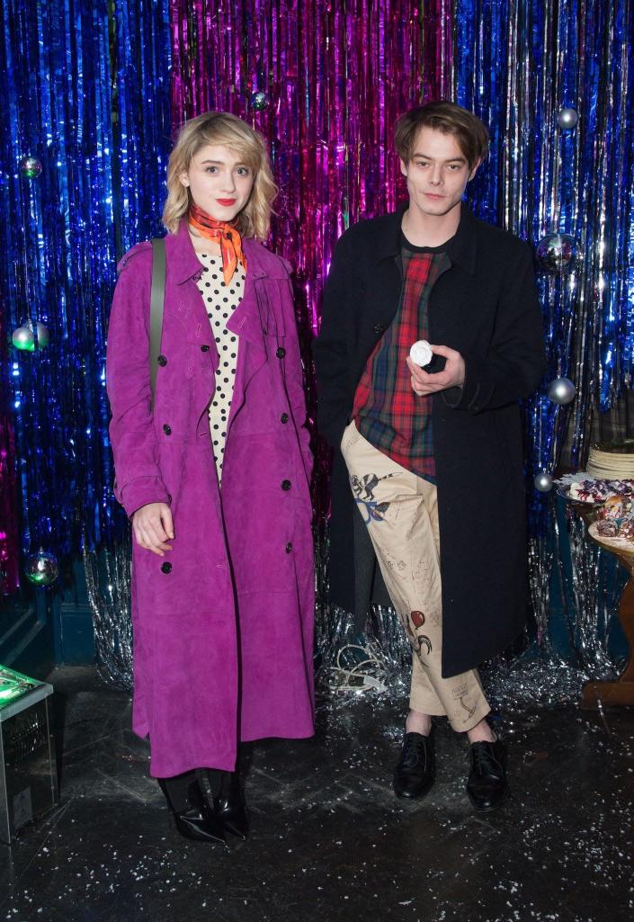 Natalia Dyer and Charlie Heaton at a Burberry event in England on December 2, 2017.