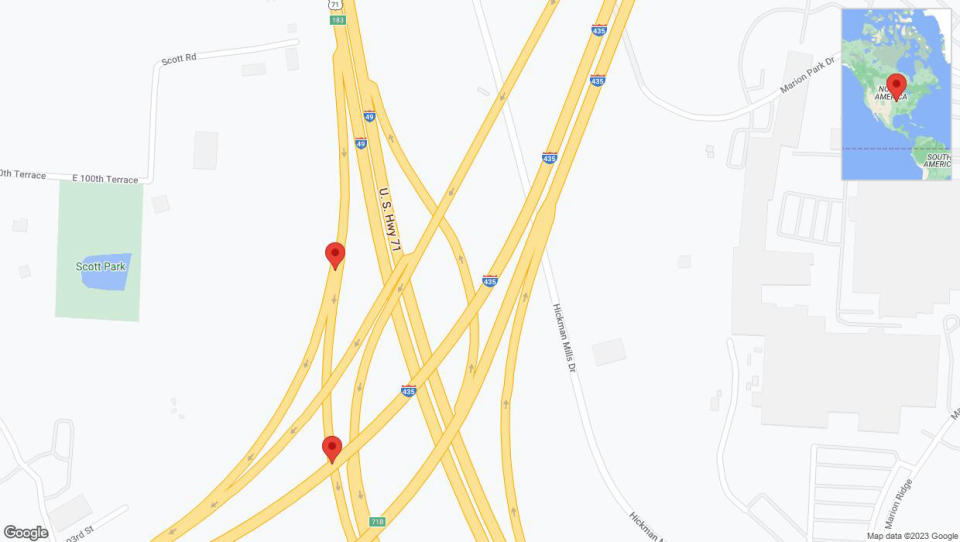 A detailed map that shows the affected road due to 'Broken down vehicle on the U. S. Highway 71 in Kansas City' on September 18th at 4:38 p.m.