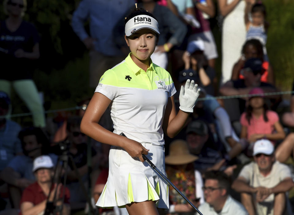 Yealimi Noh acknowledges the gallery on the 18th hole during the final round of the LPGA Cambia Portland Classic golf tournament in Portland, Ore., Sunday, Sept. 1, 2019. (AP Photo/Steve Dykes)