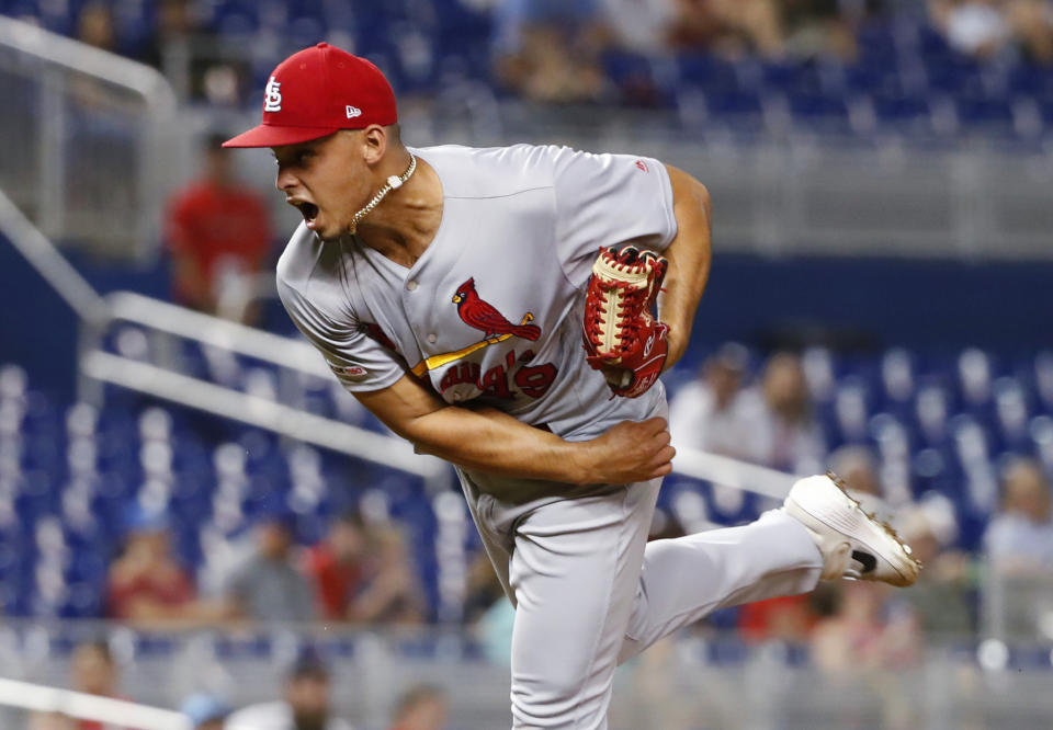 St. Louis Cardinals' Jordan Hicks delivers a pitch during the ninth inning of a baseball game against the Miami Marlins, Monday, June 10, 2019, in Miami. (AP Photo/Wilfredo Lee)