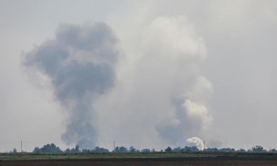 Smoke rising into the sky near Dzhankoi in Crimea after a suspected attack on a Russian ammunition dump.