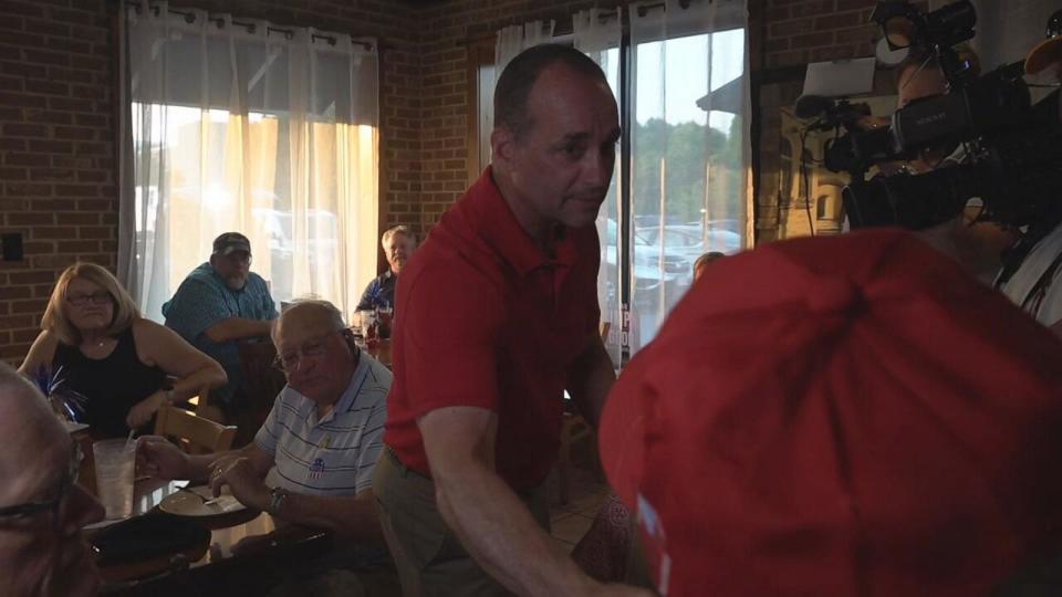 PHOTO: Rep. Bob Good, R-Va., meets with supporters at a primary night election party, June 18, 2024, in Lynchburg, Va. (ABC News)