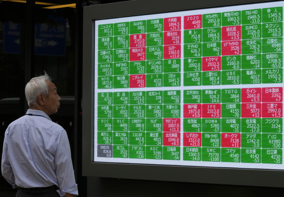 FILE - A passerby looks at an electronic stock board showing Japan's Nikkei 225 index at a securities firm in Tokyo, on June 27, 2024. Asian stocks mostly fell on Wednesday as markets digested Japanese and Australian business data, after U.S. stocks held relatively steady as earnings reporting season ramped up for big companies. (AP Photo/Shuji Kajiyama, File)