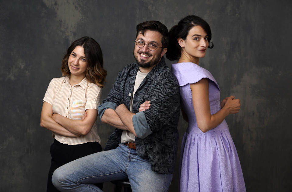 Animation director Kirsten Lepore, left, director/co-writer Dean Fleischer-Camp, center, and voice actor/co-writer Jenny Slate pose for a portrait at the Four Seasons Hotel in Los Angeles to promote their film "Marcel the Shell with Shoes On," on June 21, 2022. The film opens on Friday. (AP Photo/Chris Pizzello)