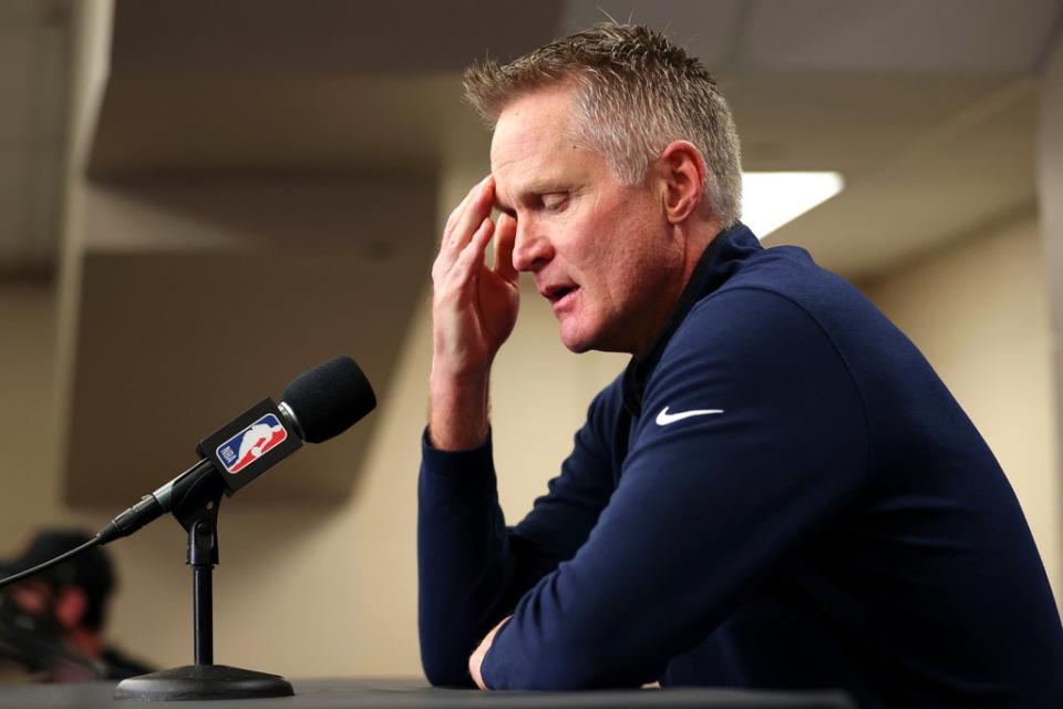 Steve Kerr speaks to the media after the Texas school shooting  (San Francisco Chronicle)