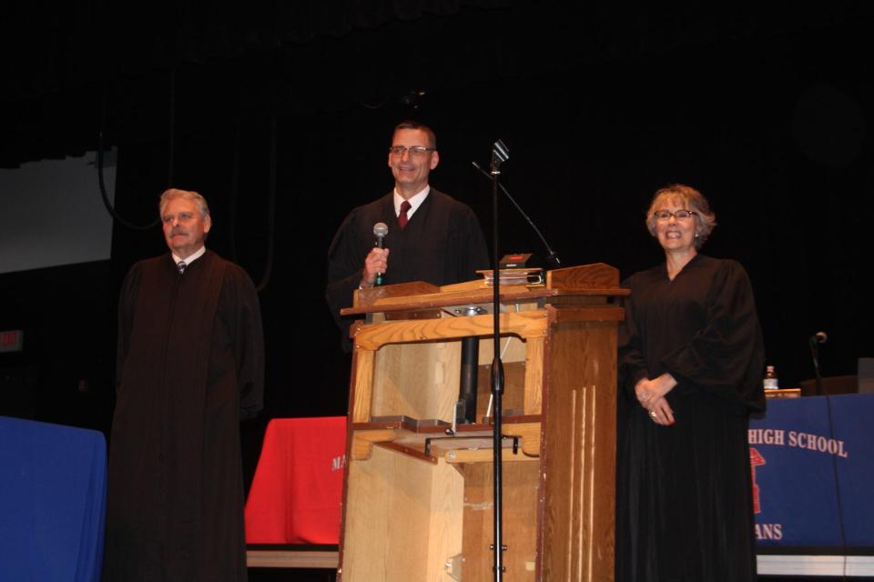 After a Thursday court hearing concluded, the Indiana Court of Appeals judges took questions from the audience in the Martinsville High School auditorium. From left are Judge L. Mark Bailey, Judge Peter R. Foley and Judge Melissa S. May.