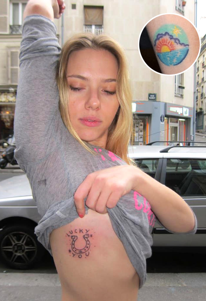 Luck was not on Scarlett Johansson's side when she got "Lucky You" with a very poorly drawn horseshoe inked on her ribcage in Paris. The "Avengers" star, who also has a bizarre sunset scene on her left forearm (see inset photo), reportedly asked the artist Fuzi Uvtpk to draw her a tattoo after she visited his exhibit. So is this supposed to mean anyone who's with ScarJo is lucky? How modest of her!