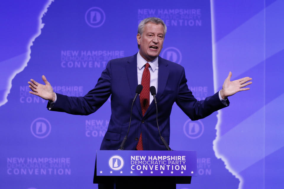 Democratic presidential candidate New York Mayor Bill de Blasio speaks during the New Hampshire state Democratic Party convention, Saturday, Sept. 7, 2019, in Manchester, NH. (AP Photo/Robert F. Bukaty)