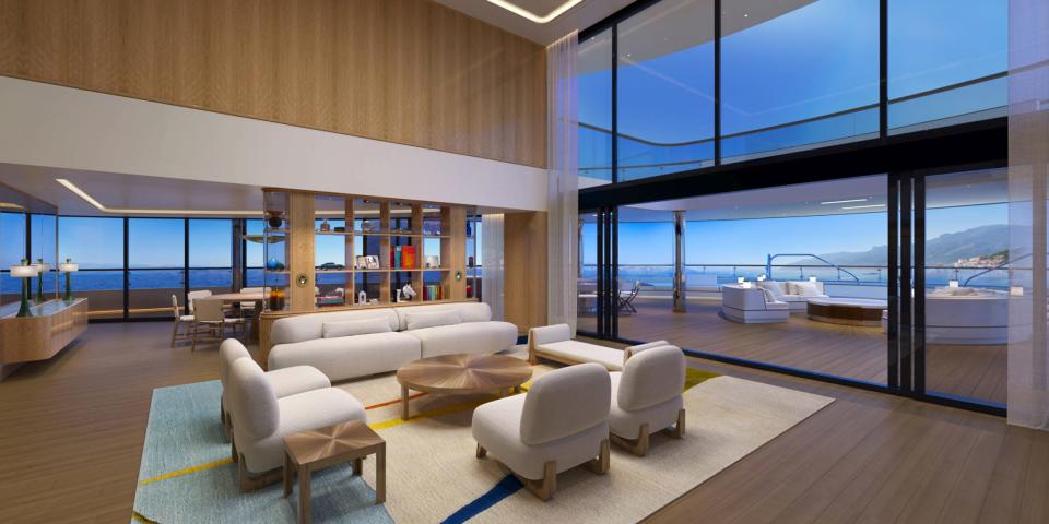 living room and terrace in a cruise, rendering