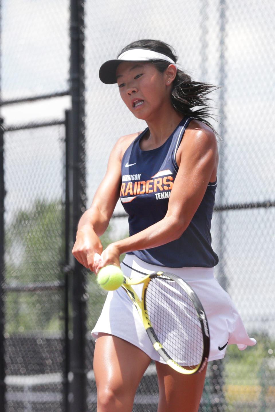 Harrison's Emma Gu returns the ball during an IHSAA girls tennis regional championship singles match, Saturday, June 5, 2021 in Kokomo.