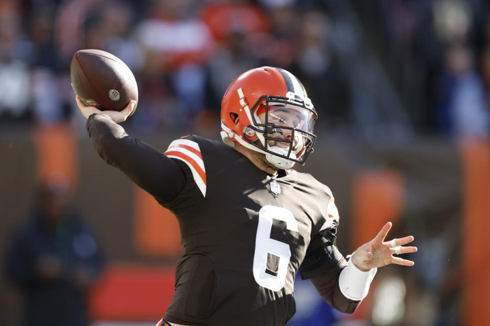 Cleveland Browns quarterback Baker Mayfield passes.