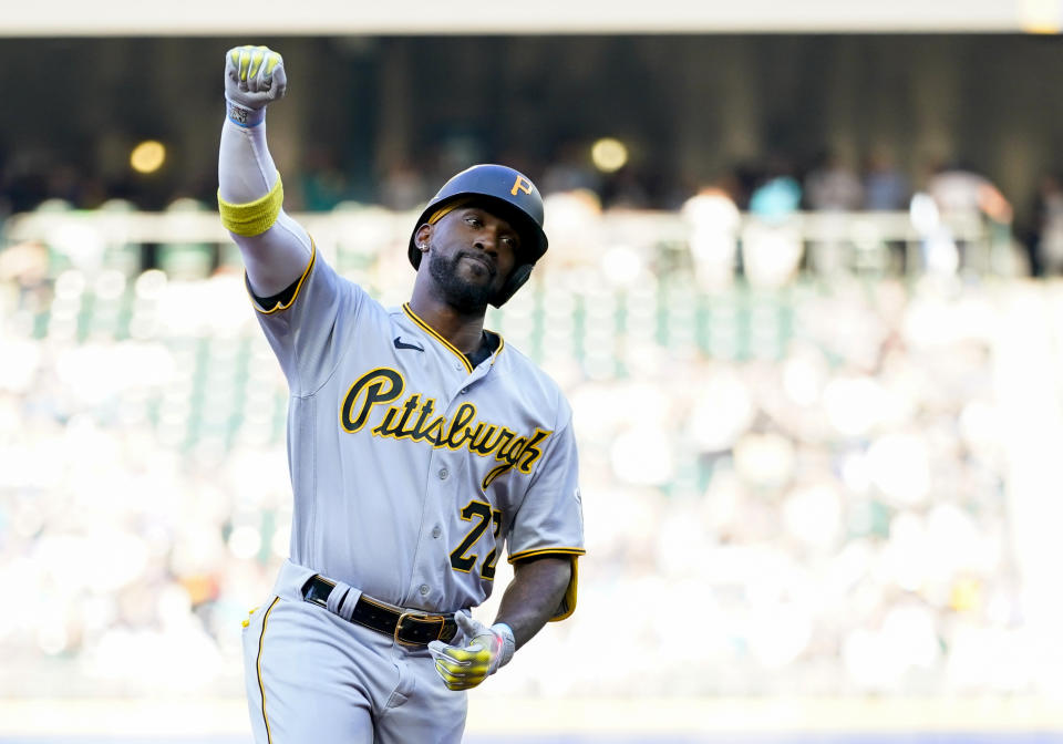 Pittsburgh Pirates' Andrew McCutchen runs the bases after hitting a solo home run against the Seattle Mariners during the first inning of a baseball game Friday, May 26, 2023, in Seattle. (AP Photo/Lindsey Wasson)