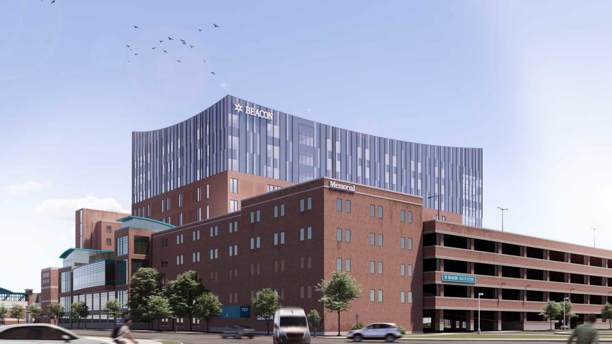 A rendering of Memorial Hospital's planned 10-story patient tower on the north side of downtown South Bend, viewed from the north looking down Michigan Street. Construction is to be completed by March 2026, according to a formal announcement Wednesday by owner Beacon Health Systems.