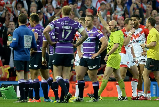 Ben Flower, second left, is sent off in the 2014 Grand Final