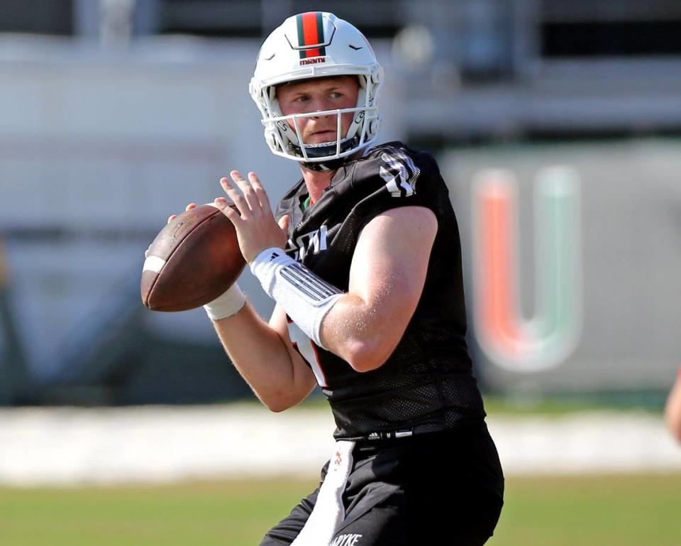 Miami Hurricanes quarterback Tyler Van Dyke (9) sets up to pass during practice drills at the University of Miami’s Greentree Field on Tuesday, March 7, 2023.