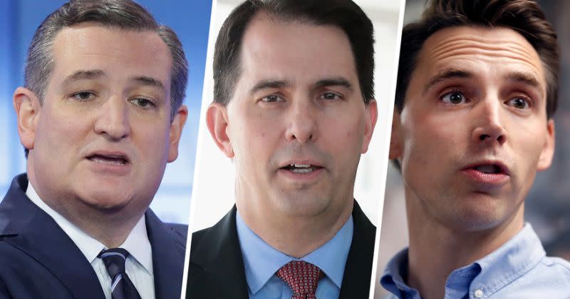 From left: Sen. Ted Cruz, R-Texas, Wisconsin Gov. Scott Walker and Missouri Attorney General and Republican Senate candidate Josh Hawley. (Photos: Tom Reel/Pool/Getty Images; Scott Olson/Getty Images; Jeff Roberson/AP)