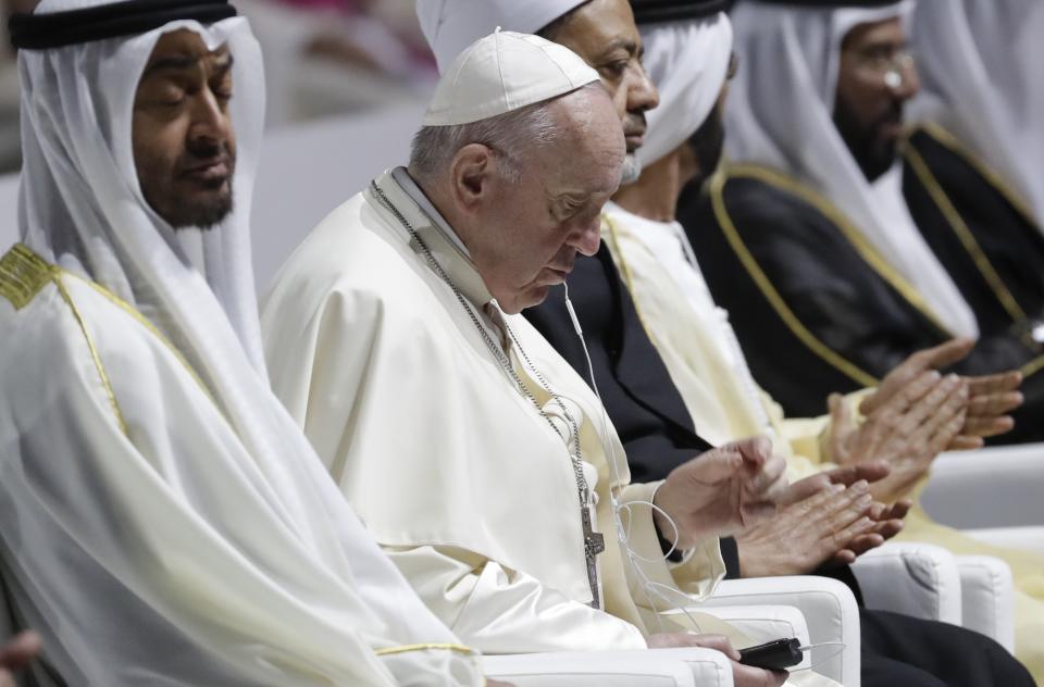 Pope Francis and Crown Prince Sheikh Mohammed bin Zayed, left, attend an Interreligious meeting at the Founder's Memorial in Abu Dhabi, United Arab Emirates, Monday, Feb. 4, 2019. Pope Francis arrived in Abu Dhabi on Sunday. His visit represents the first papal trip ever to the Arabian Peninsula, the birthplace of Islam. (AP Photo/Andrew Medichini)