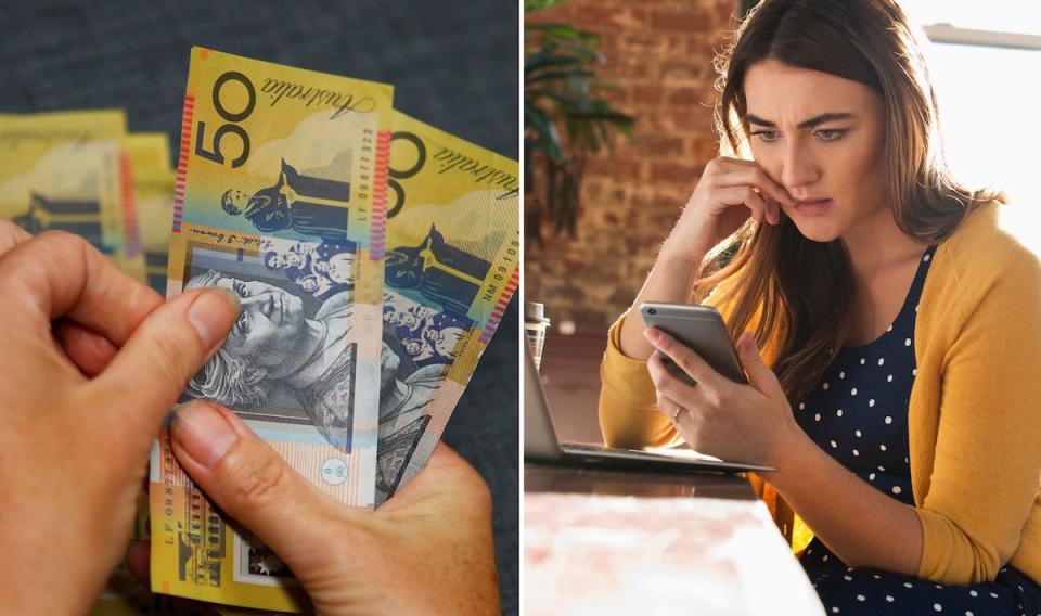 Compilation image of lady nervously looking at her mobile phone and a hand counting out $50 notes.