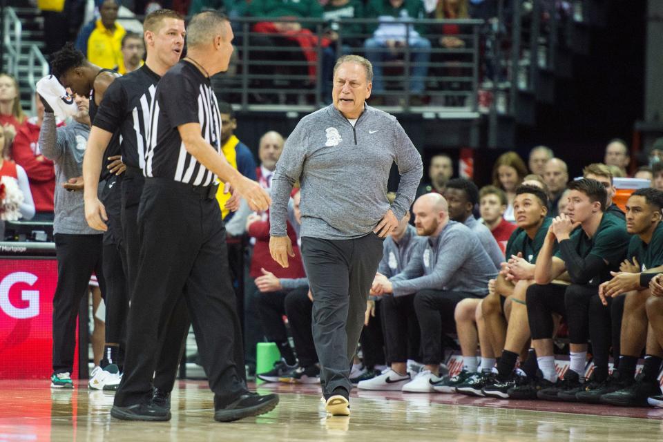 Michigan State Spartans head coach Tom Izzo talks to the referees during the first half against the Wisconsin Badgers at the Kohl Center, Jan. 10, 2023 in Madison, Wis.