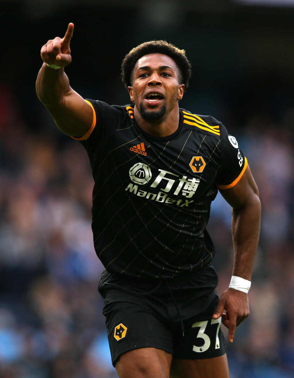 MANCHESTER, ENGLAND - OCTOBER 06:  Adama Traore of Wolverhampton Wanderers celebrates after scoring his team's second goal during the Premier League match between Manchester City and Wolverhampton Wanderers at Etihad Stadium on October 06, 2019 in Manchester, United Kingdom. (Photo by Alex Livesey/Getty Images)