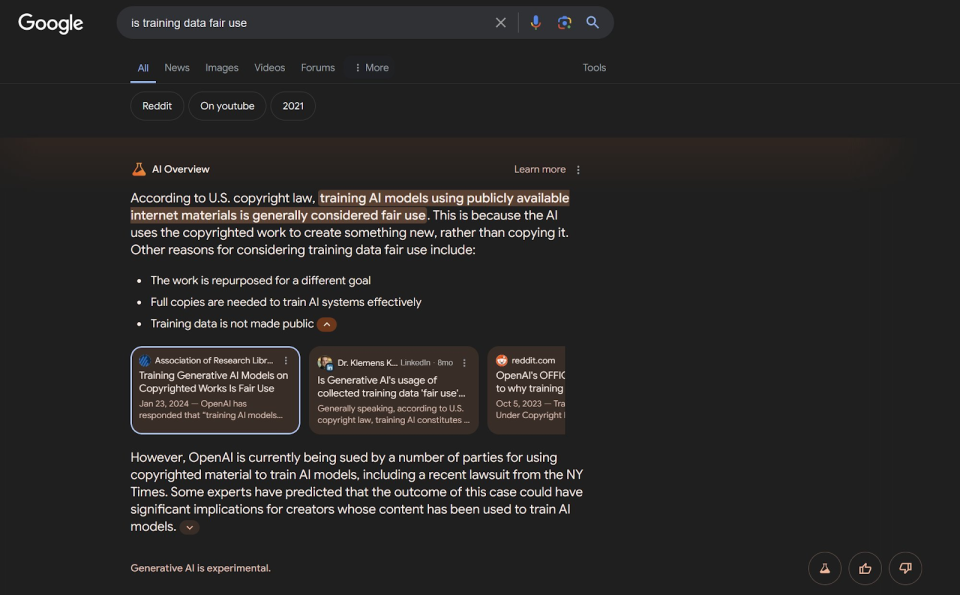 is training data fair use - bad Google ai overview