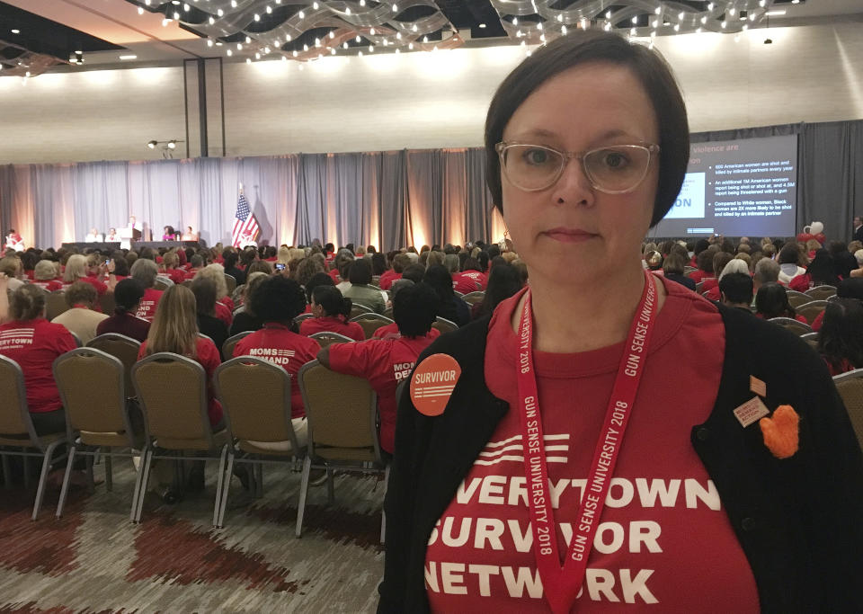Jennifer Lugar poses for a photo Friday, Aug. 10, 2018, during the kickoff event for Gun Sense University, a two-day conference in Atlanta put on by gun safety advocacy group Moms Demand Action for Gun Sense in America. Lugar said she was inspired, in part by her work for Moms Demand Action during the 2016 election, to apply to fill an empty seat on the borough council in Jenkintown, Pennsylvania, where she lives. (AP Photo/Kate Brumback)