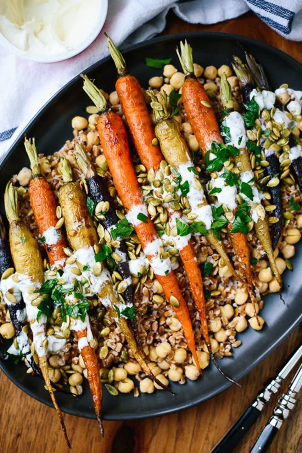 Roasted Carrots with Farro, Chickpeas, And Herbed Crème Fraîche