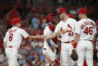 St. Louis Cardinals starting pitcher Dakota Hudson (43) is removed by manager Mike Shildt (8) during the seventh inning of a baseball game against the Milwaukee Brewers, Monday, Aug. 19, 2019, in St. Louis. (AP Photo/Jeff Roberson)