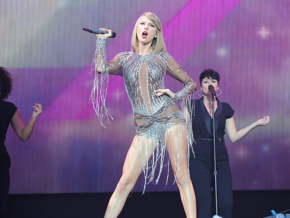 Taylor Swift performs at the 2015 BBC Radio 1's Big Weekend in a see-through leotard.