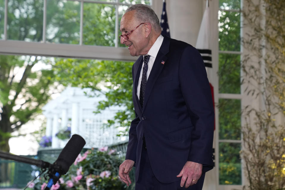 Senate Majority Leader Chuck Schumer of N.Y., arrives for the State Dinner with President Joe Biden and the South Korea's President Yoon Suk Yeol at the White House, Wednesday, April 26, 2023, in Washington. (AP Photo/Alex Brandon)