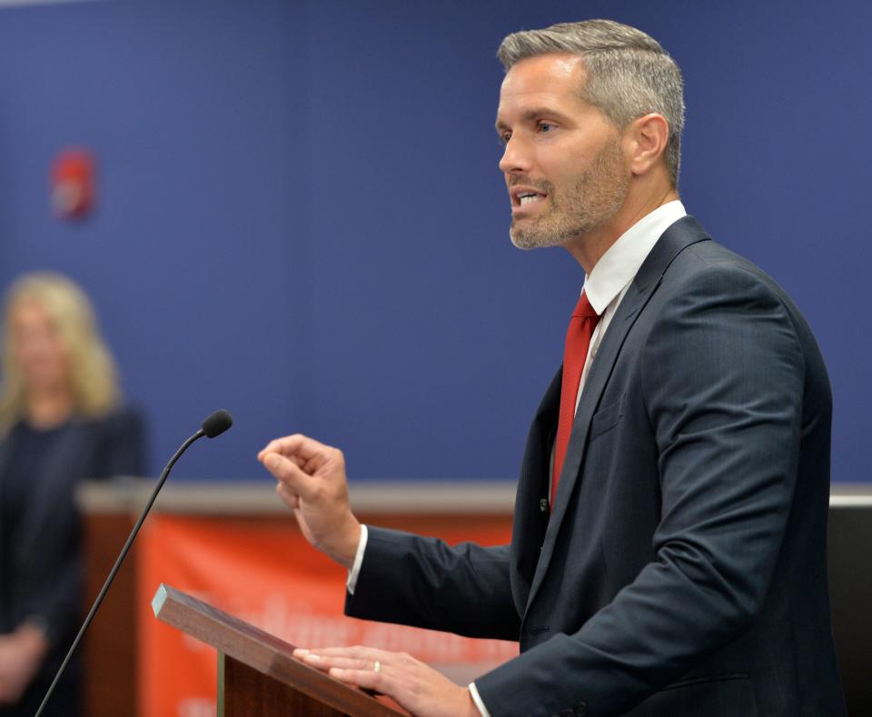 Sarasota County Schools Superintendent Terry Connor delivers remarks following his swearing-in ceremony in July.