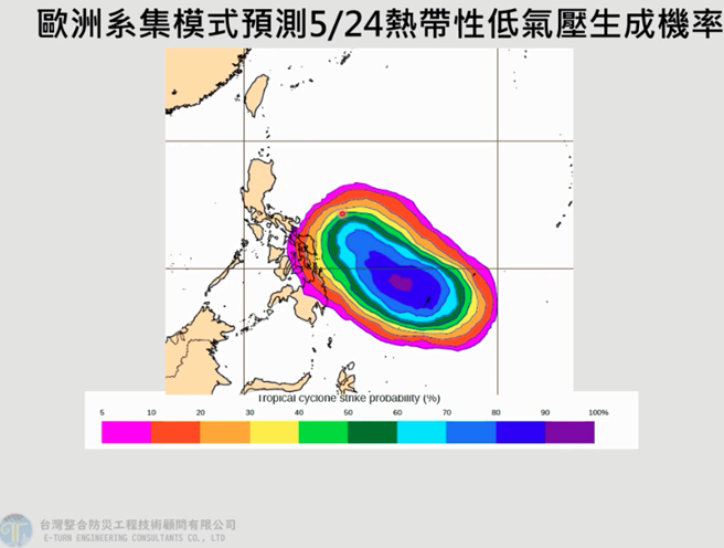 下周一菲律賓東方海面的熱帶性低氣壓，有機會增強成今年第1號颱風「艾維尼」。（翻攝自賈新興YouTube）