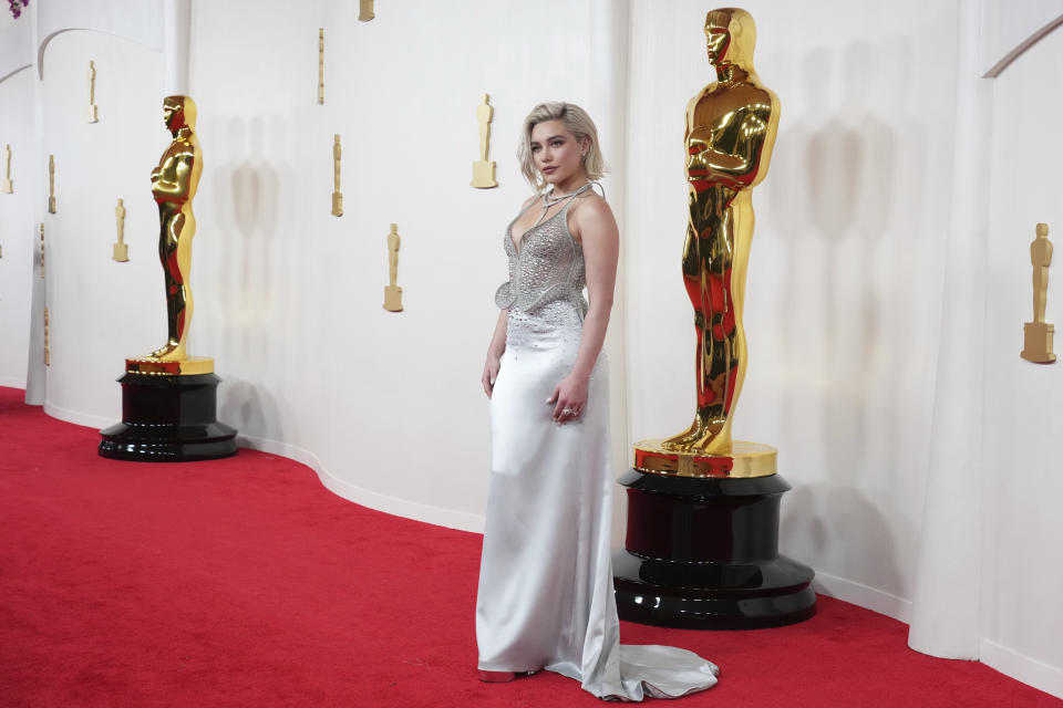 Florence Pugh arrives at the Oscars on Sunday, March 10, 2024, at the Dolby Theatre in Los Angeles. (Photo by Jordan Strauss/Invision/AP)