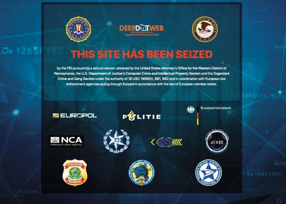 美國FBI、國際刑警組織日前將提供暗網網址的DeepDot Web封鎖，圖為封鎖頁面。（翻攝畫面）