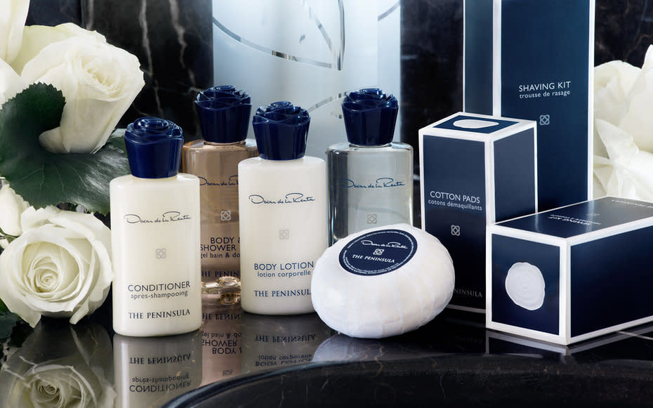 <p>Oscar de la Rentas <a rel="nofollow noopener" href="http://www.travelandleisure.com/blogs/oscar-de-la-renta-designs-bath-amenities-for-peninsula-hotels" target="_blank" data-ylk="slk:custom line;elm:context_link;itc:0;sec:content-canvas" class="link ">custom line</a> of soaps, shampoos, and lotions make staying at the Peninsula even more of a dream. The luxurious line was developed with Firmenich and produced by the experts at Gilchrist & Soames. Not only do the products smell like floral and cedar, but the cap was designed to look like a rose.</p>