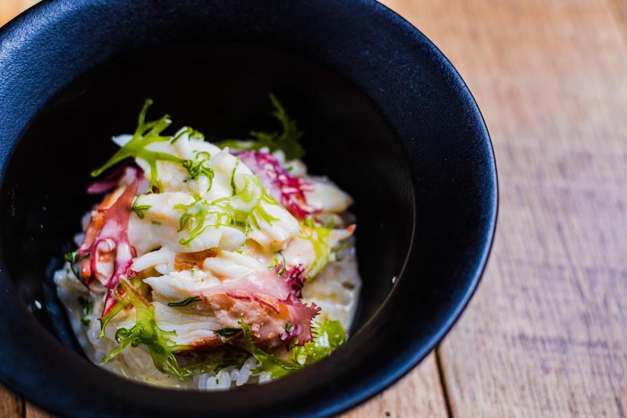 Among the eight-course Japan Supper Club menu at Veritas has been this dish featuring king crab, short-grain Koshihikari rice and a variety of seaweed called tosaka nori.