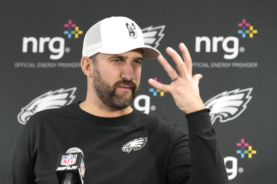 Philadelphia Eagles' Nick Sirianni responds to a question during a news conference after an NFL football game against the Chicago Bears Sunday, Dec. 18, 2022, in Chicago. (AP Photo/Charles Rex Arbogast)