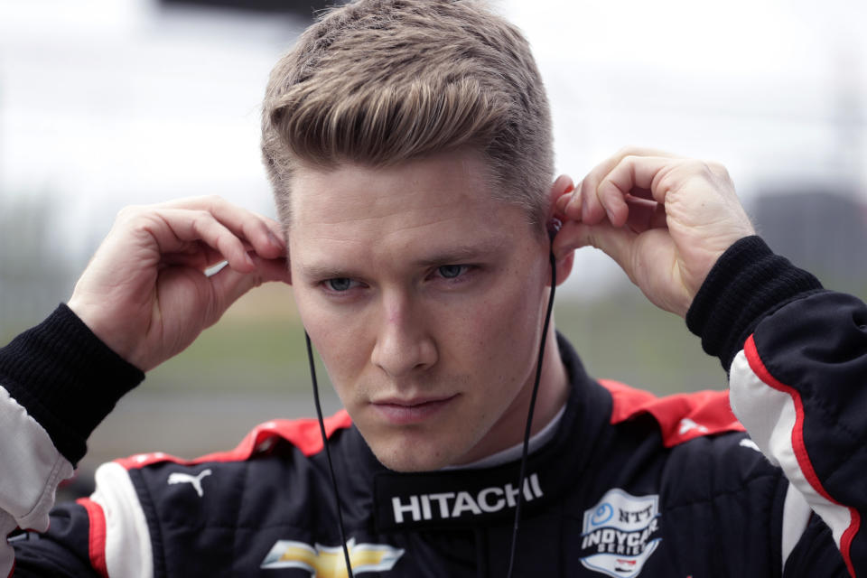 FILE - In this Feb. 12, 2020, file photo, IndyCar driver Josef Newgarden prepares for IndyCar Series Open Testing, in Austin, Texas. The 2020 IndyCar season will open Saturday night, June 6, at Texas Motor Speedway. “Texas is a very difficult racetrack to race in general, whether you’ve been there 20 years or first time. It’s a daunting track to get right,” Newgarden said. "Typically we have five races or so to sort out our stuff, kind of get ourselves in the right frame of mind, have a general base before we go to a track like that." (AP Photo/Eric Gay, File)