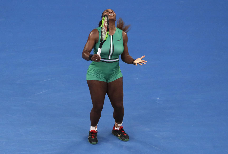 United States' Serena Williams reacts during her fourth round match against Romania's Simona Halep at the Australian Open tennis championships in Melbourne, Australia, Monday, Jan. 21, 2019. (AP Photo/Mark Schiefelbein)