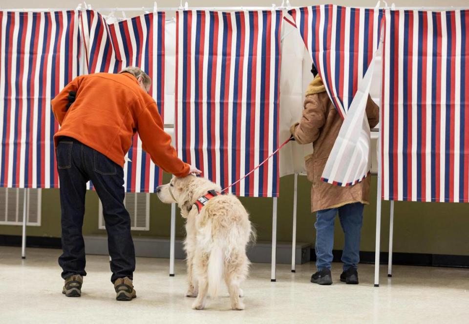 Holding her golden retriever, Finn, Jean Palmer fills out her ballot for the New Hampshire Presidential primaries at a polling site inside Christ the King Parish Hall on Tuesday, Jan. 23, 2024, in Concord, New Hampshire.