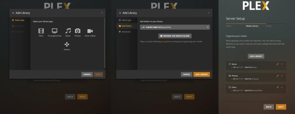 Setting up a media library in Plex. 