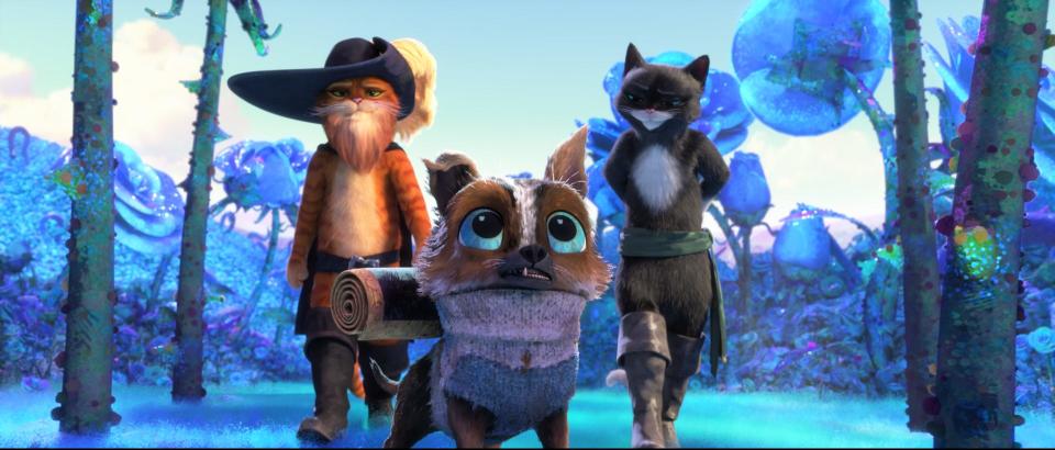 The title feline outlaw (voiced by Antonio Banderas, far left) quests to restore eight lost lives alongside cheery mutt Perro (Harvey Guillén) and former partner Kitty Soft Paws (Salma Hayek) in "Puss in Boots: The Last Wish."