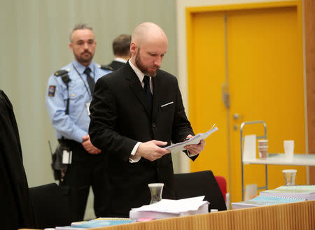 Anders Behring Breivik is seen on the third day of the appeal case in Borgarting Court of Appeal at Telemark prison in Skien, Norway January 12, 2017. NTB Scanpix/Lise Aaserud/via REUTERS