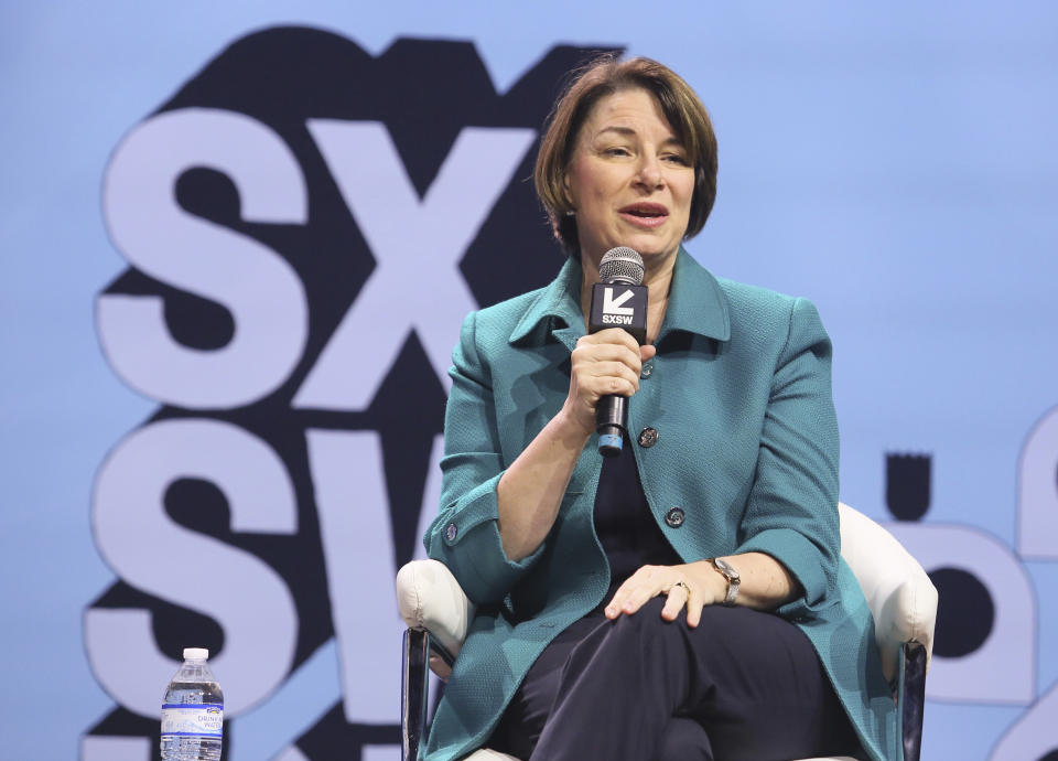 U.S. Sen. Amy Klobuchar, D-Minn., takes part in a "Conversations About America's Future" program at ACL Live during the South by Southwest Interactive Festival on Saturday, March 9, 2019, in Austin, Texas. (Photo by Jack Plunkett/Invision/AP)