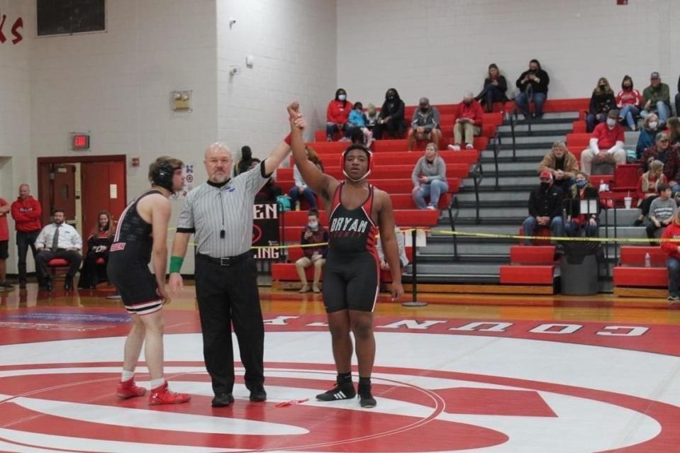 Bryan County High School wrestler Tarrell Singleton after a victory.