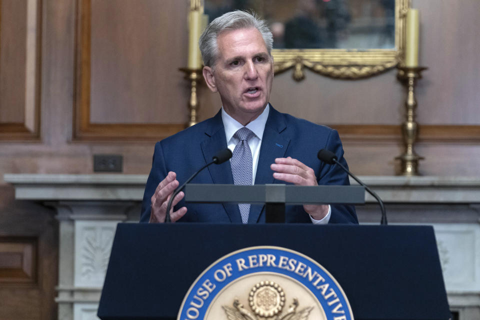 FILE - Former Speaker of the House Rep. Kevin McCarthy, R-Calif., speaks during a news conference at the Capitol in Washington, Oct. 9, 2023. Dysfunction within the Republican Party isn't limited to the leadership chaos in the House of Representatives playing out in the nation's capital. The hard-right forces that increasingly steer the direction of the GOP also have gained strength in numerous state legislatures, making it virtually impossible for the party to effectively governor even in states where it has the majority. (AP Photo/Jose Luis Magana, File)