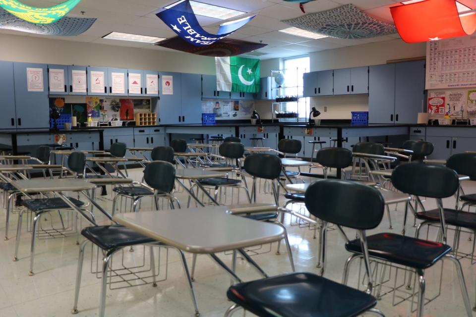 Classrooms like this science room are being prepared for the start of school on Sept. 3. All teachers are supposed to return to school on Aug. 26 ahead of their students.